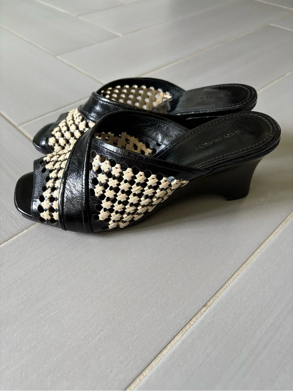 Tory Burch Black and Cream Woven Slide Sandals